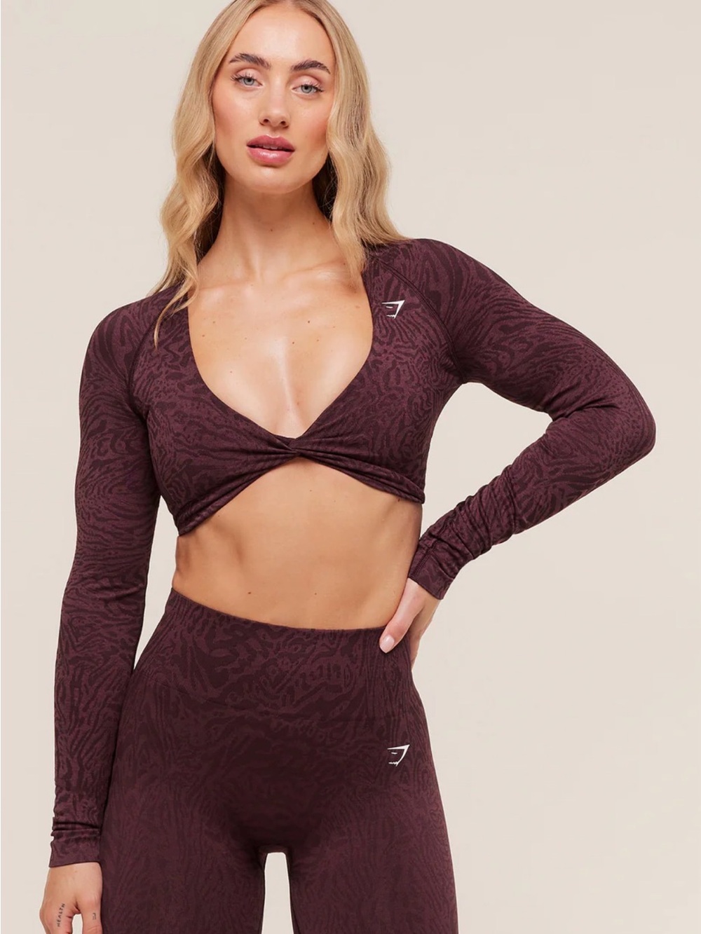 Gymshark Twist Front Long Sleeve Crop Top in Deep Burgundy